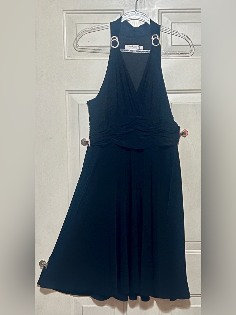 Evan-Picone Black Halter Cocktail Dress Rhinestone Hardware Size 14